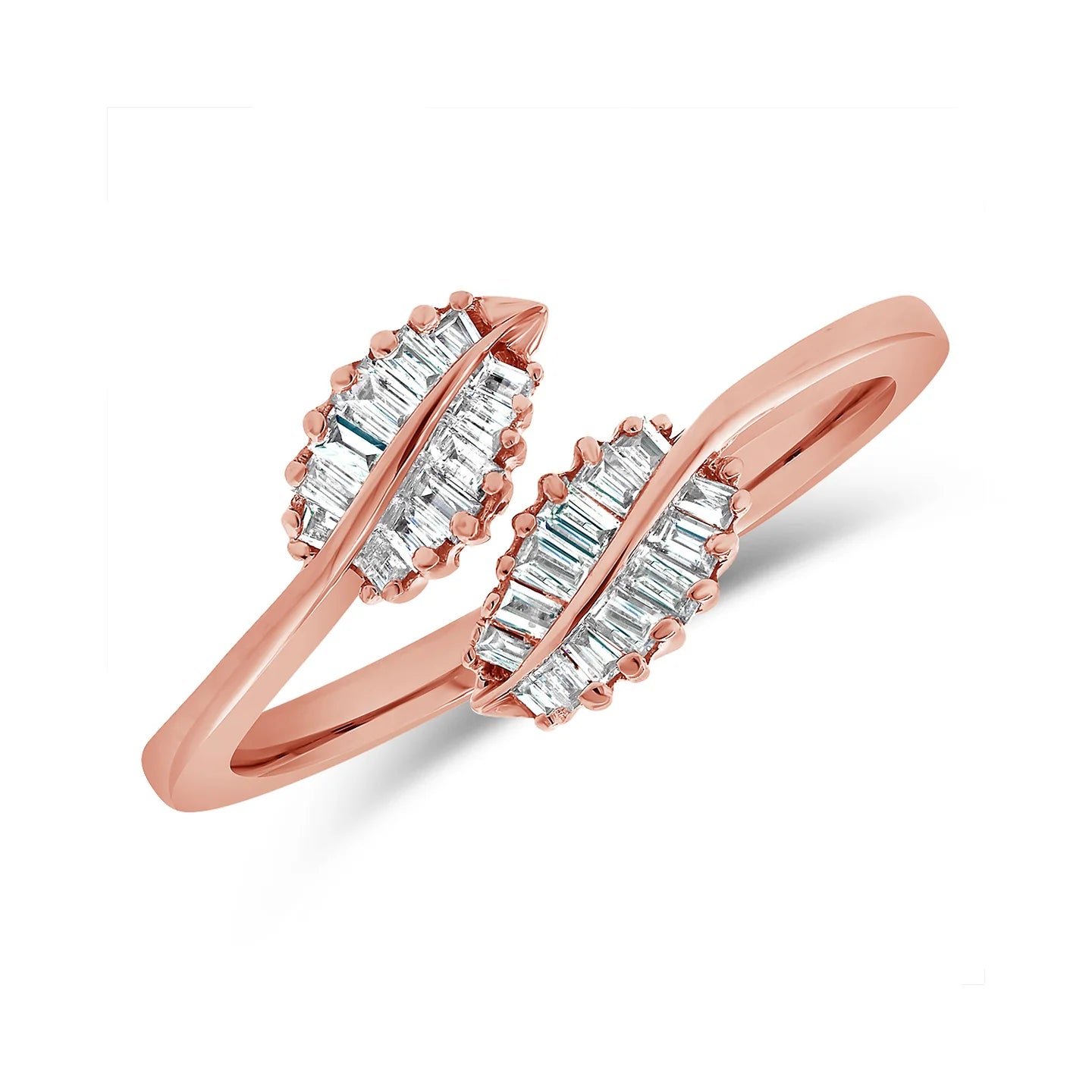 14K Gold & Baguette Diamond Leaf Crossover Ring - 0.17ct