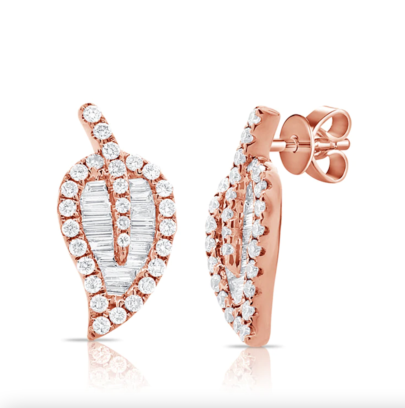 Gold & Diamond Baguette Leaf Stud Earrings