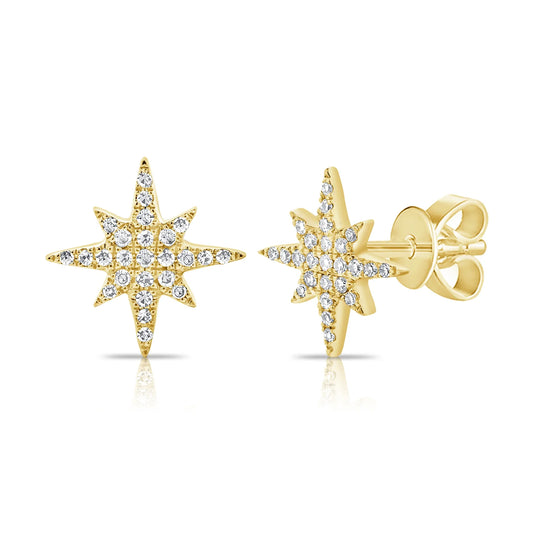 14k Gold & Diamond Star Burst Stud Earrings - 0.12ct