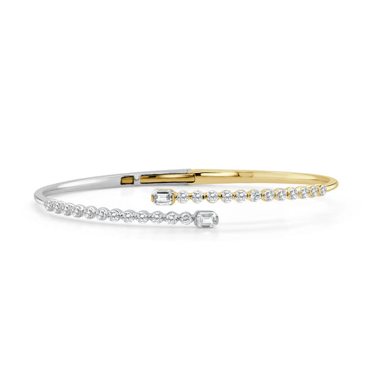 14K Gold Emerald-Cut & Round Diamond Bangle