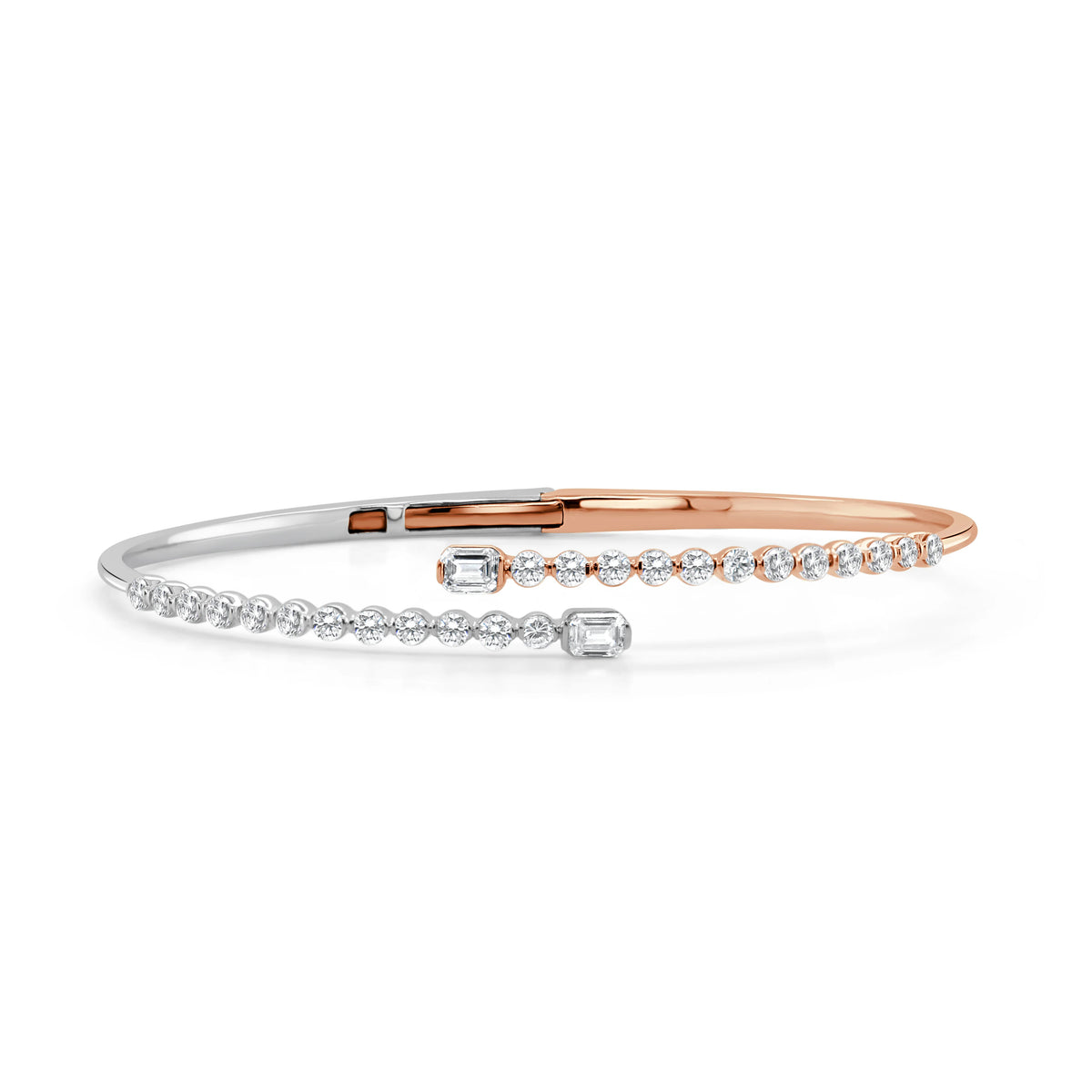 14K Gold Emerald-Cut & Round Diamond Bangle