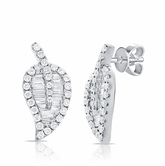 Gold & Diamond Baguette Leaf Stud Earrings