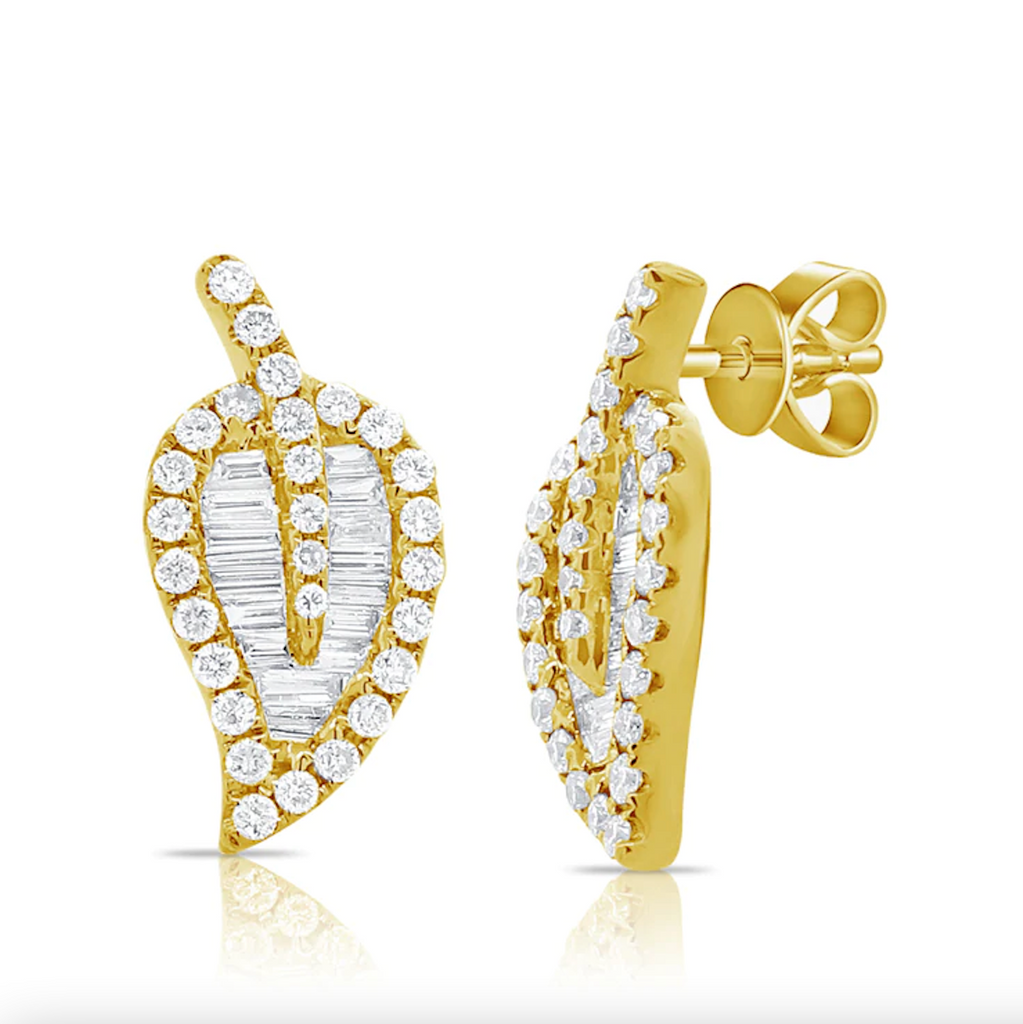 Gold & Diamond Baguette Leaf Stud Earrings