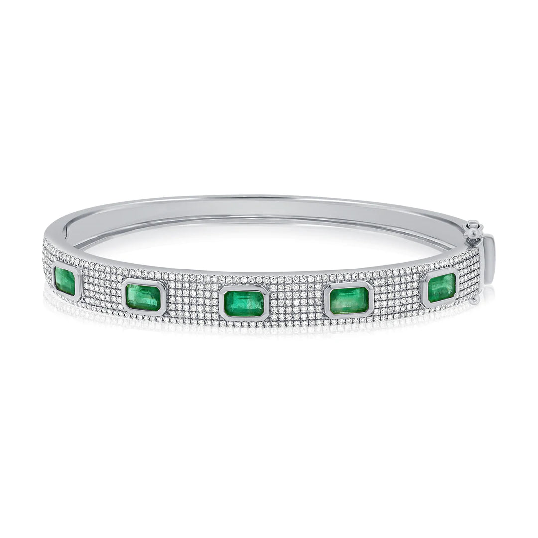 Pave Diamond and Emerald Gold Bangle