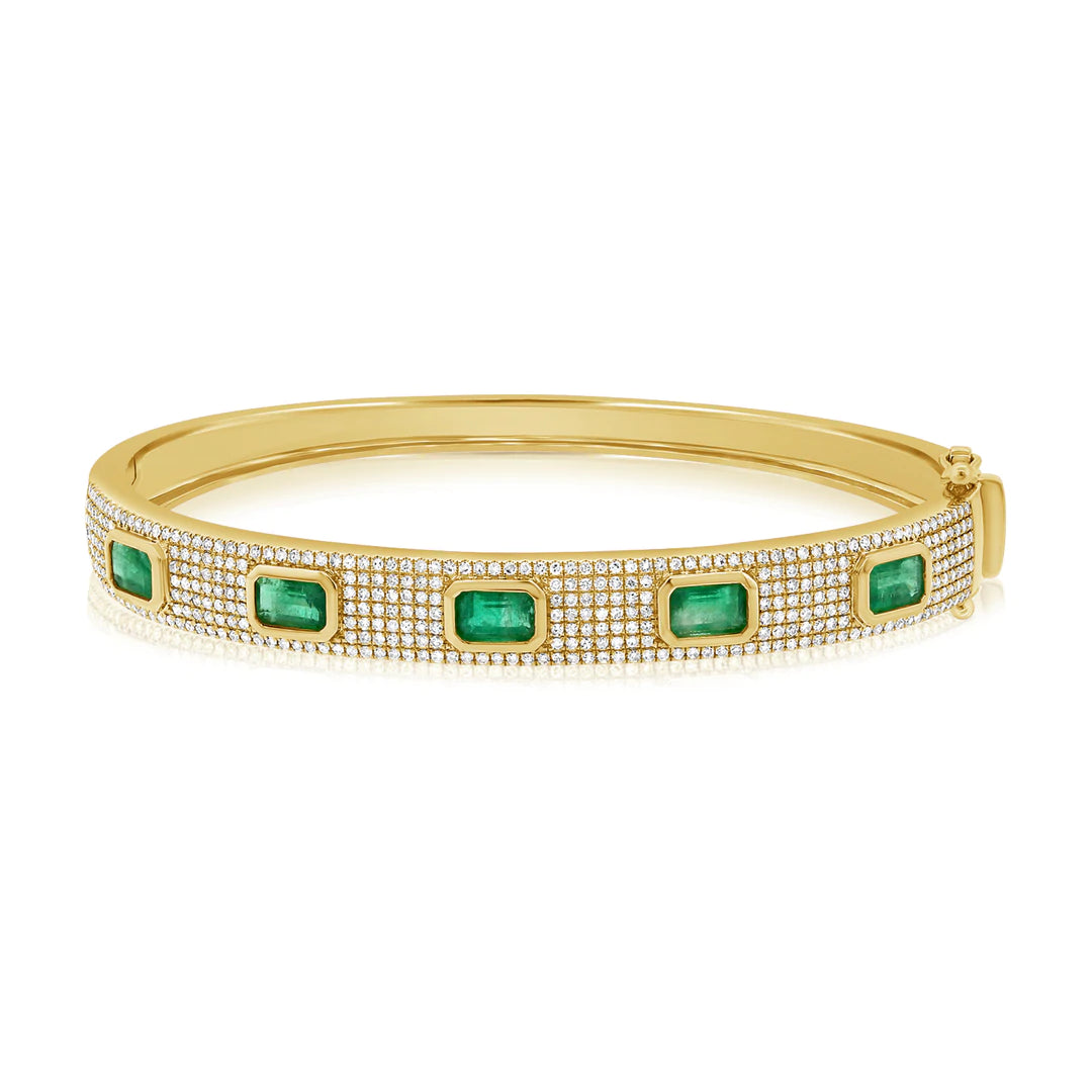 Pave Diamond and Emerald Gold Bangle