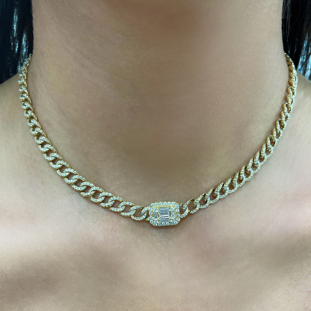 Baguette Diamond Curb Link Chain Necklace