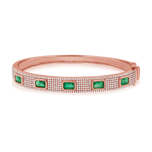 Pave Diamond and Emerald Gold Bangle